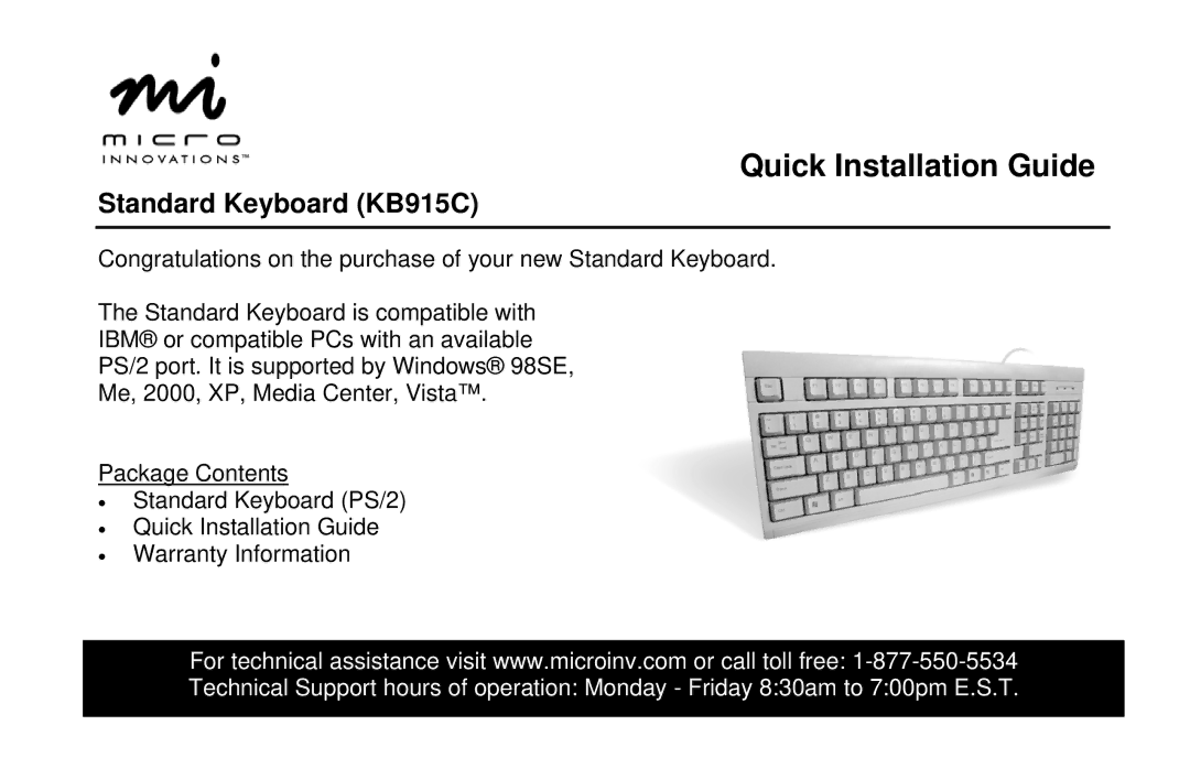 Micro Innovations warranty Quick Installation Guide, Standard Keyboard KB915C 