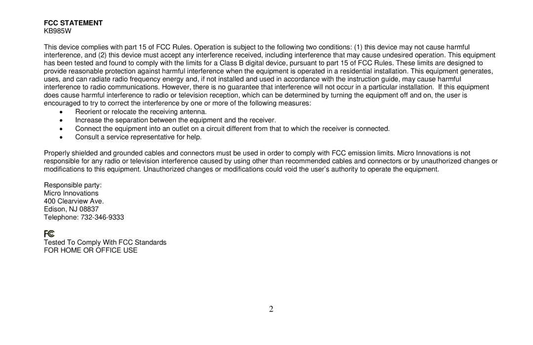 Micro Innovations KB985W user manual FCC Statement 