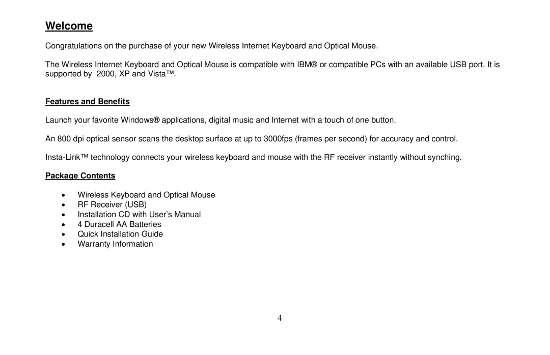 Micro Innovations KB985W user manual Welcome, Features and Benefits 