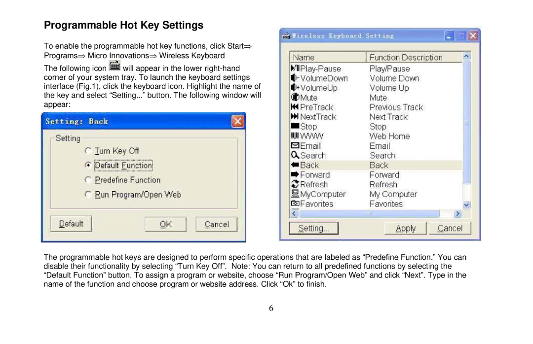 Micro Innovations KB985W user manual Programmable Hot Key Settings 