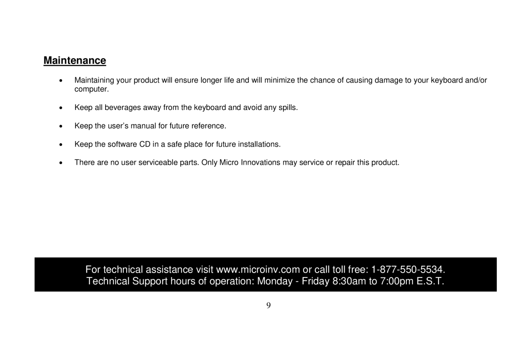 Micro Innovations KB985W user manual Maintenance 