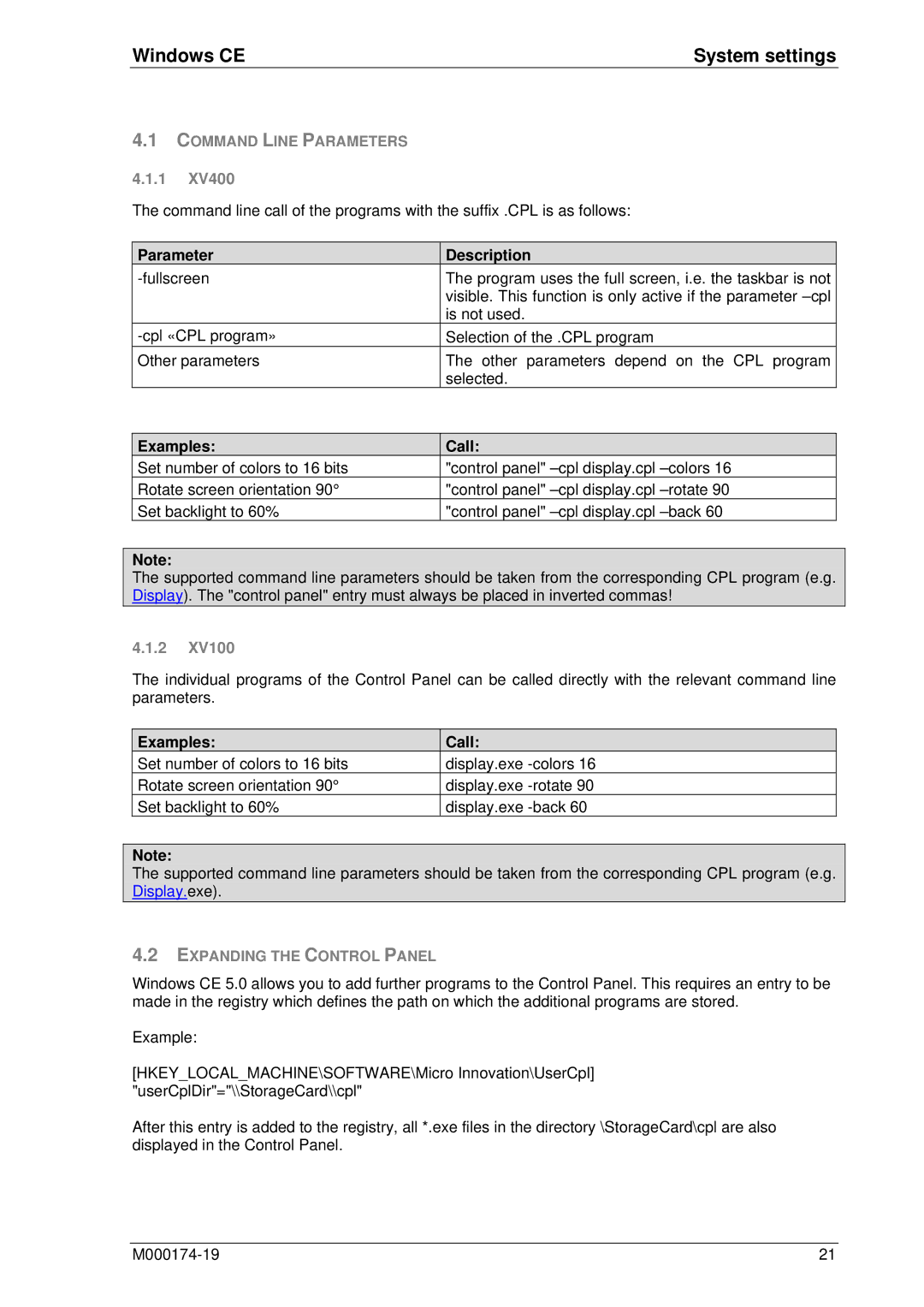 Micro Innovations M000174-19 manual Windows CE System settings, Command Line Parameters, Examples Call 