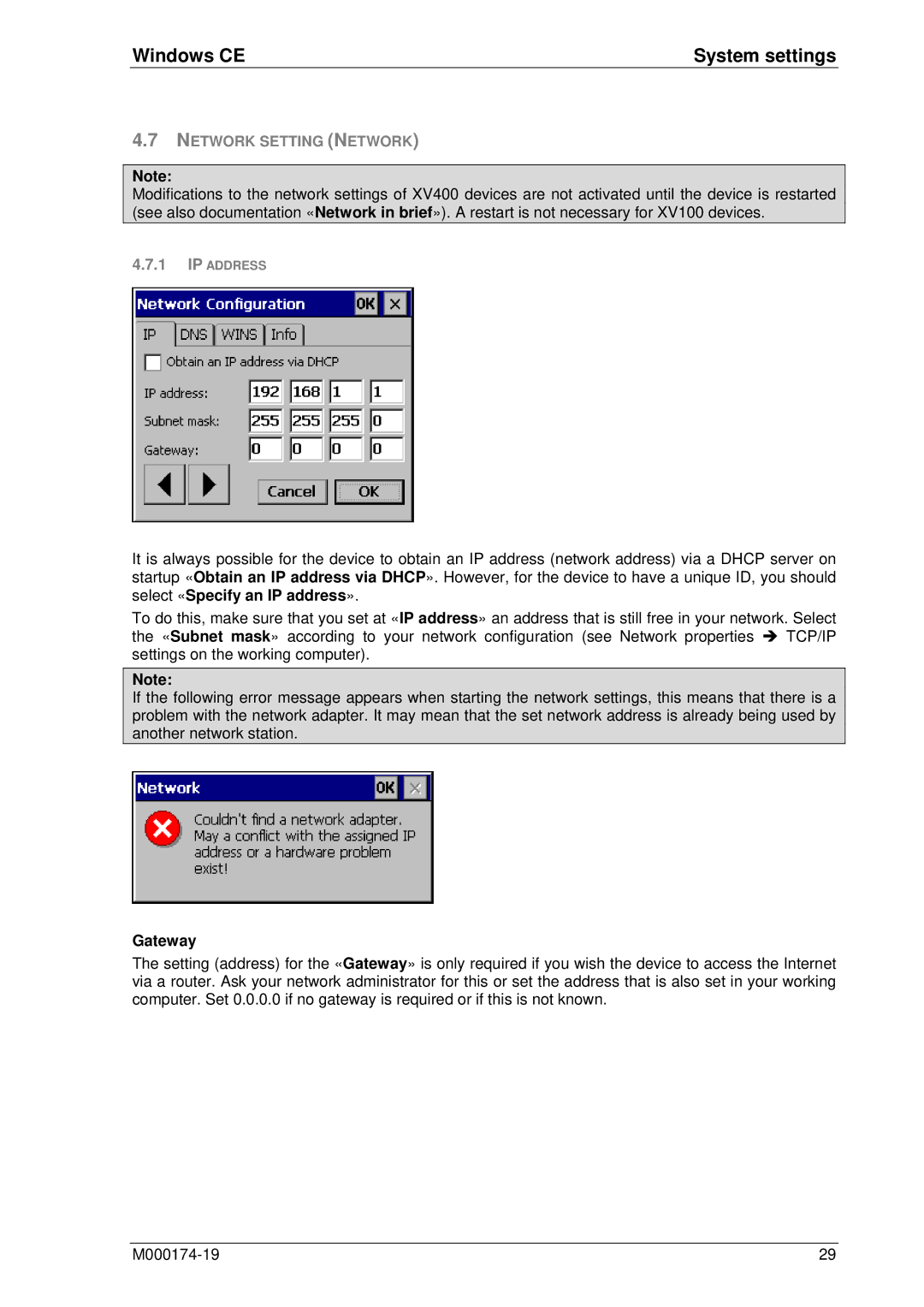 Micro Innovations M000174-19 manual Network Setting Network, Gateway 