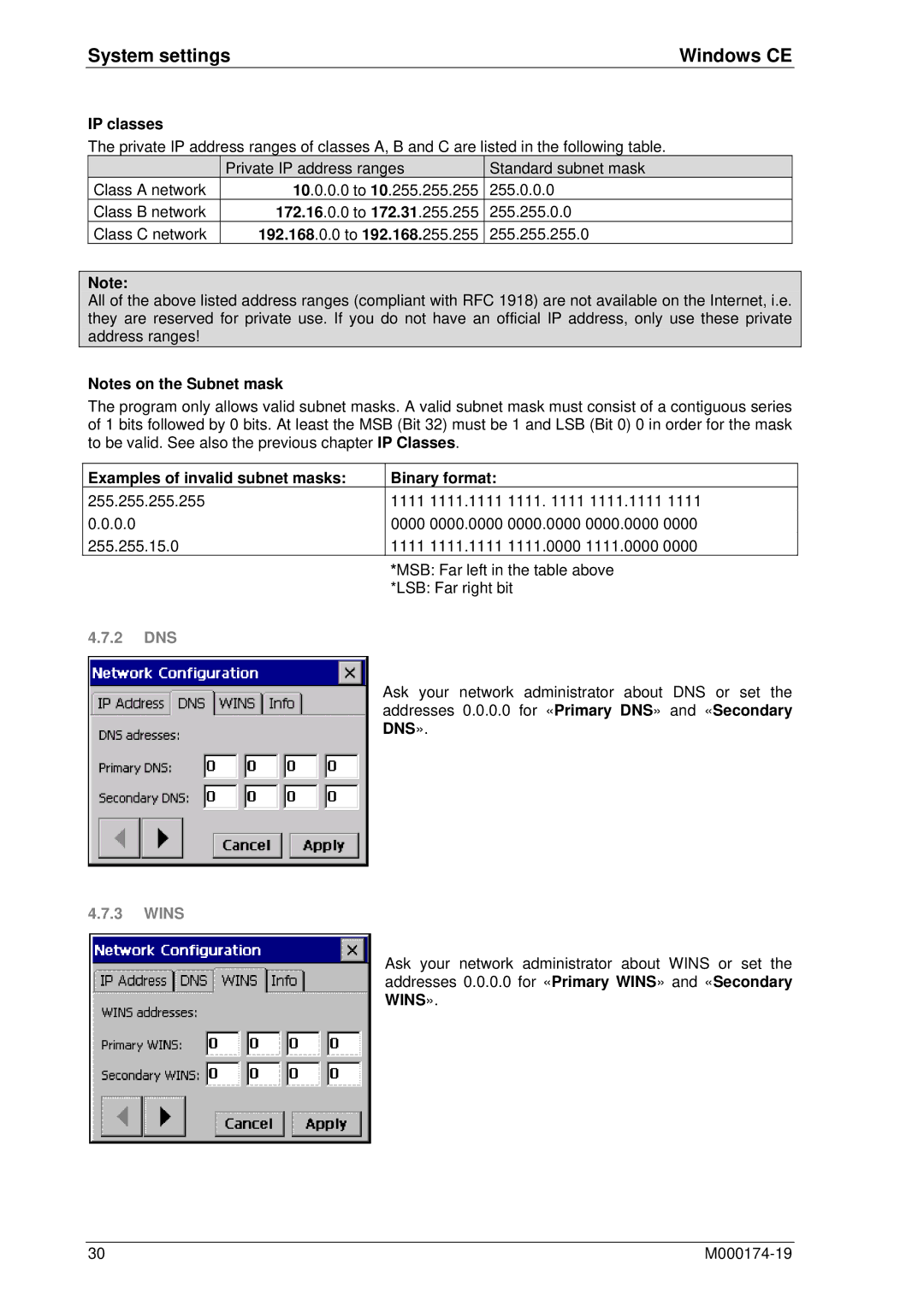 Micro Innovations M000174-19 manual System settingsWindows CE, IP classes, 192.168 .0.0 to 192.168 