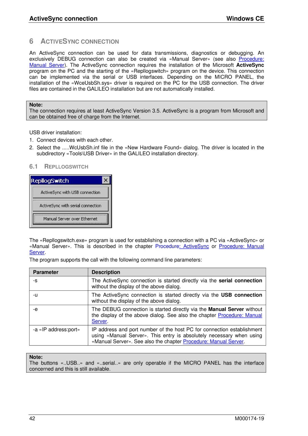 Micro Innovations M000174-19 manual ActiveSync connection Windows CE, Activesync Connection, Repllogswitch 