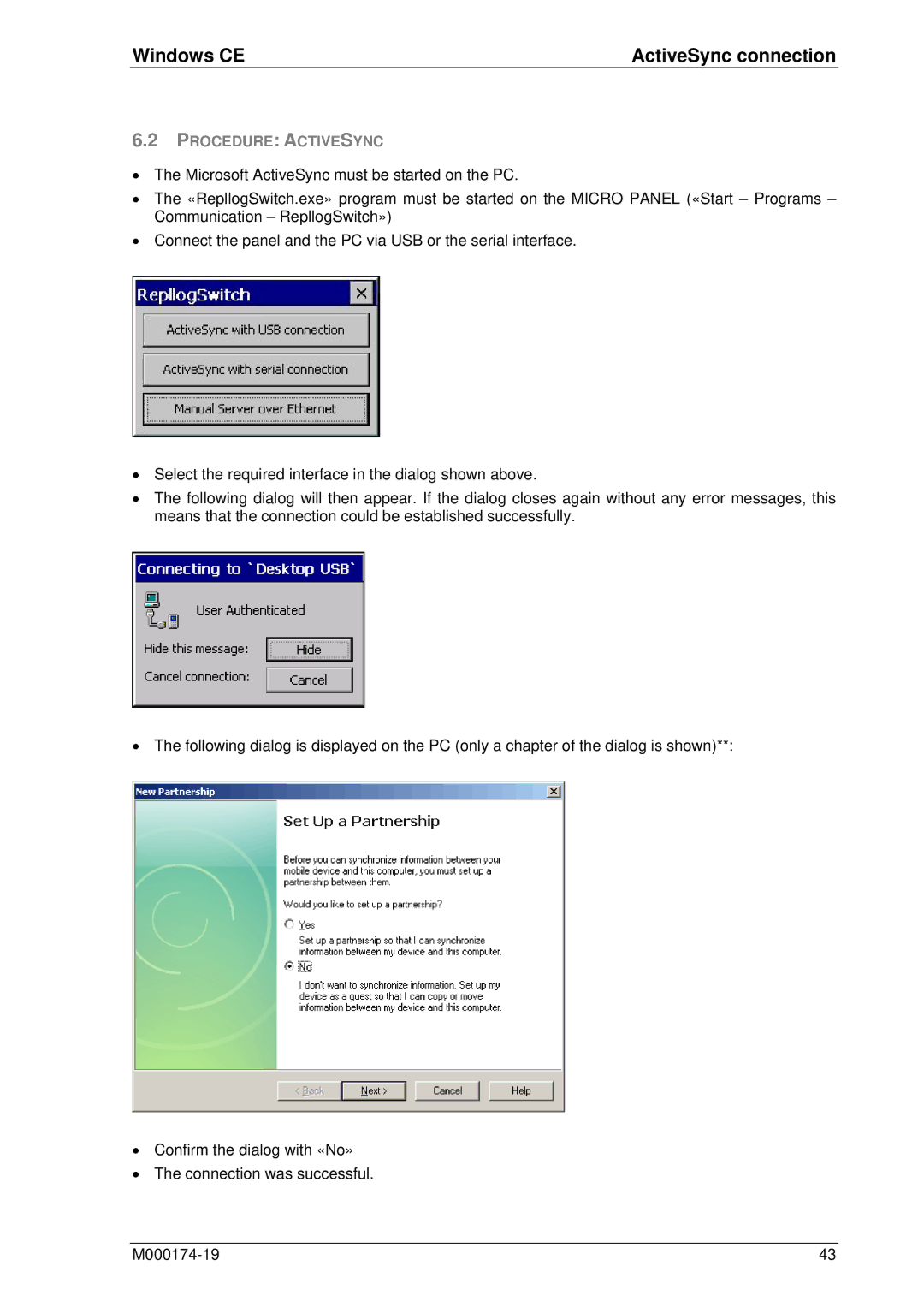 Micro Innovations M000174-19 manual Windows CE ActiveSync connection, Procedure Activesync 