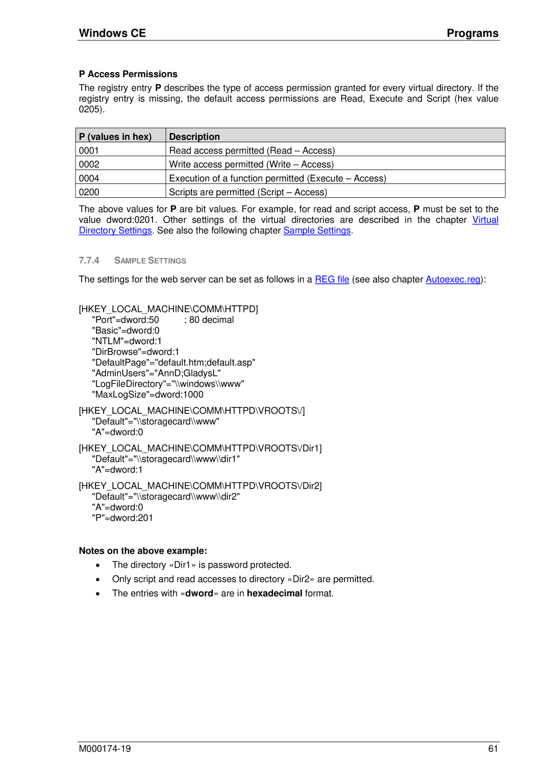 Micro Innovations M000174-19 manual Access Permissions, Values in hex 