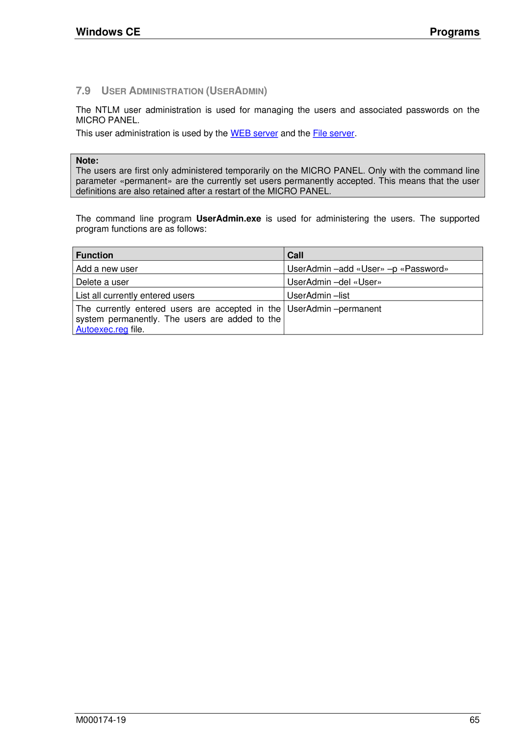 Micro Innovations M000174-19 manual User Administration Useradmin, Function Call 