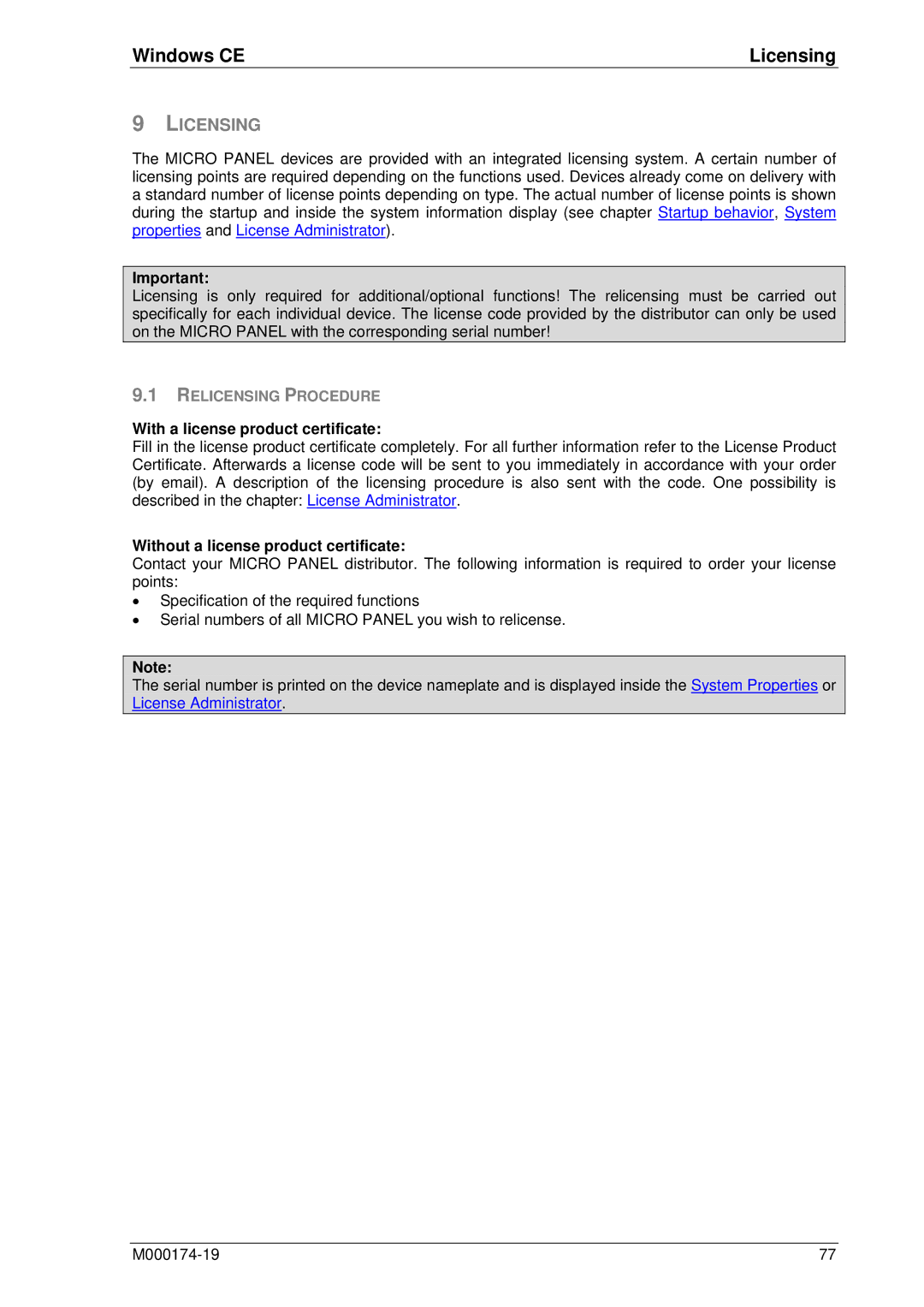 Micro Innovations M000174-19 manual Windows CE Licensing, Relicensing Procedure, With a license product certificate 