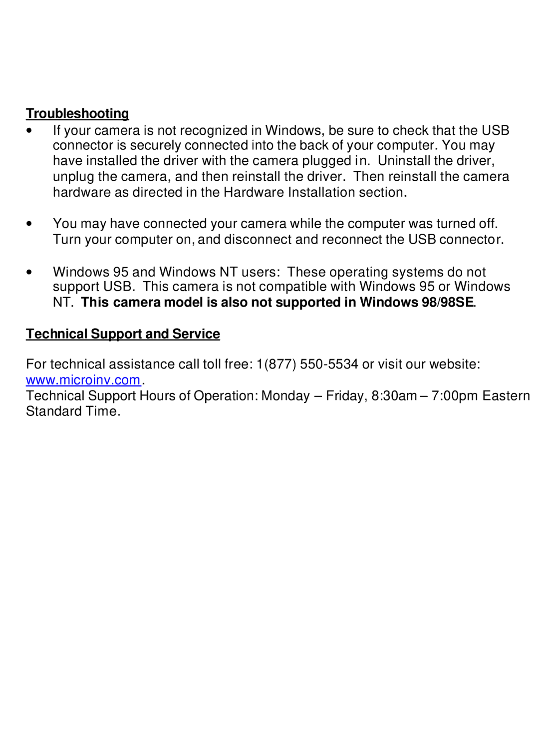 Micro Innovations Micro Webcam Matrix user manual Troubleshooting, Technical Support and Service 