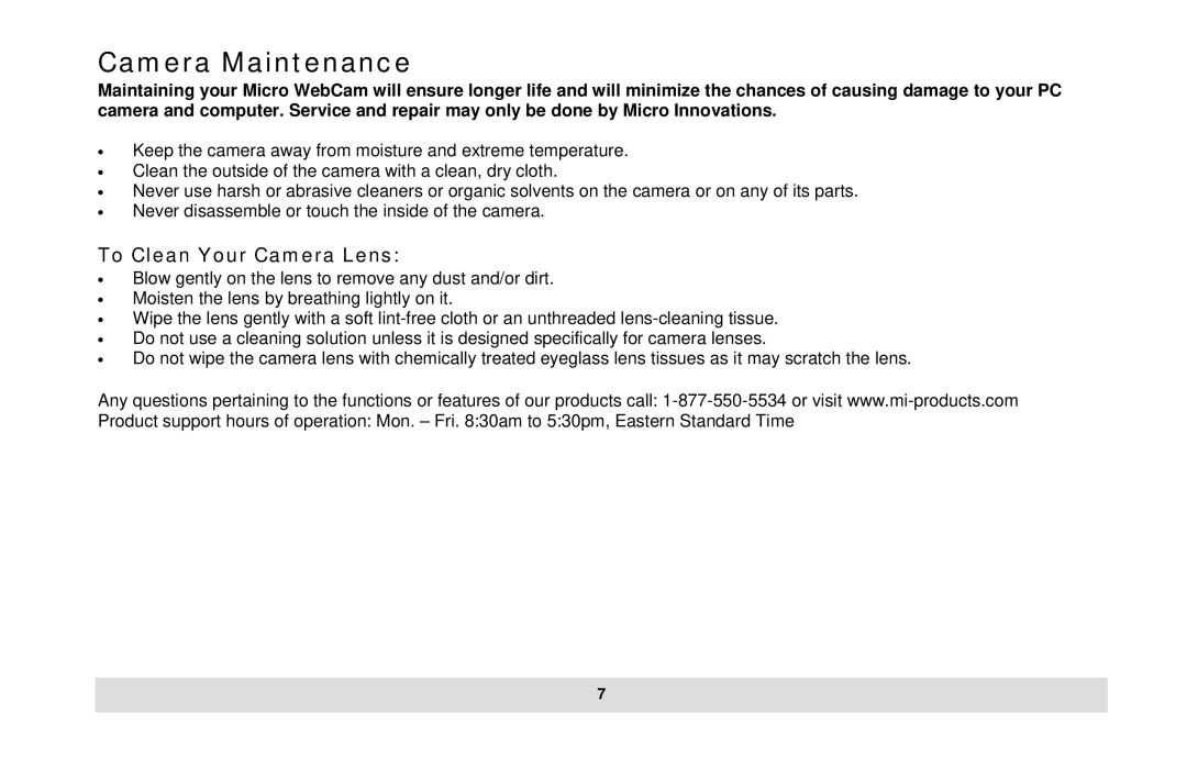 Micro Innovations Micro WebCam user manual Camera Maintenance, To Clean Your Camera Lens 