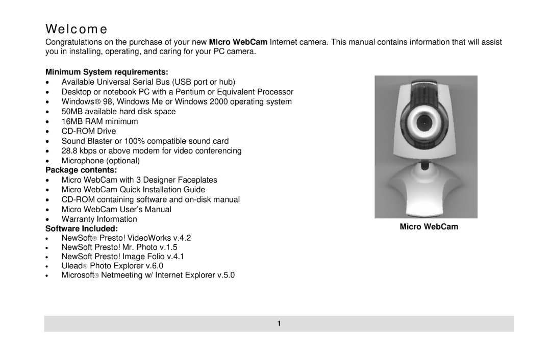 Micro Innovations user manual Welcome, Minimum System requirements, Package contents, Software Included Micro WebCam 