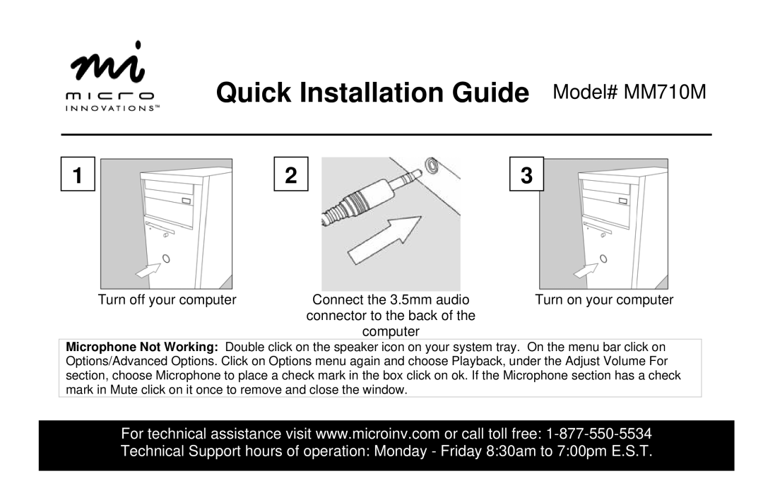 Micro Innovations MM 710M manual Quick Installation Guide Model# MM710M, Computer 