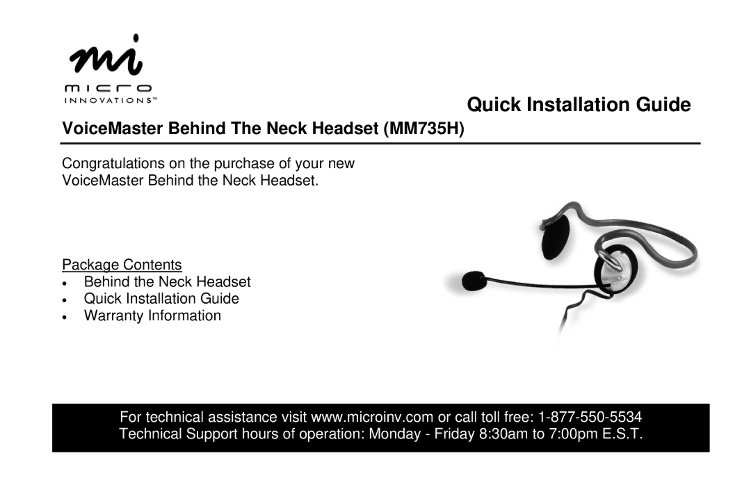 Micro Innovations MM 735H warranty Quick Installation Guide, VoiceMaster Behind The Neck Headset MM735H 