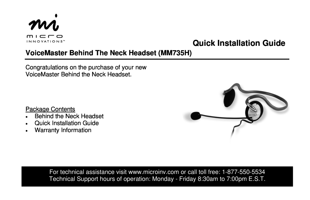 Micro Innovations MM 735H warranty Quick Installation Guide, VoiceMaster Behind The Neck Headset MM735H 