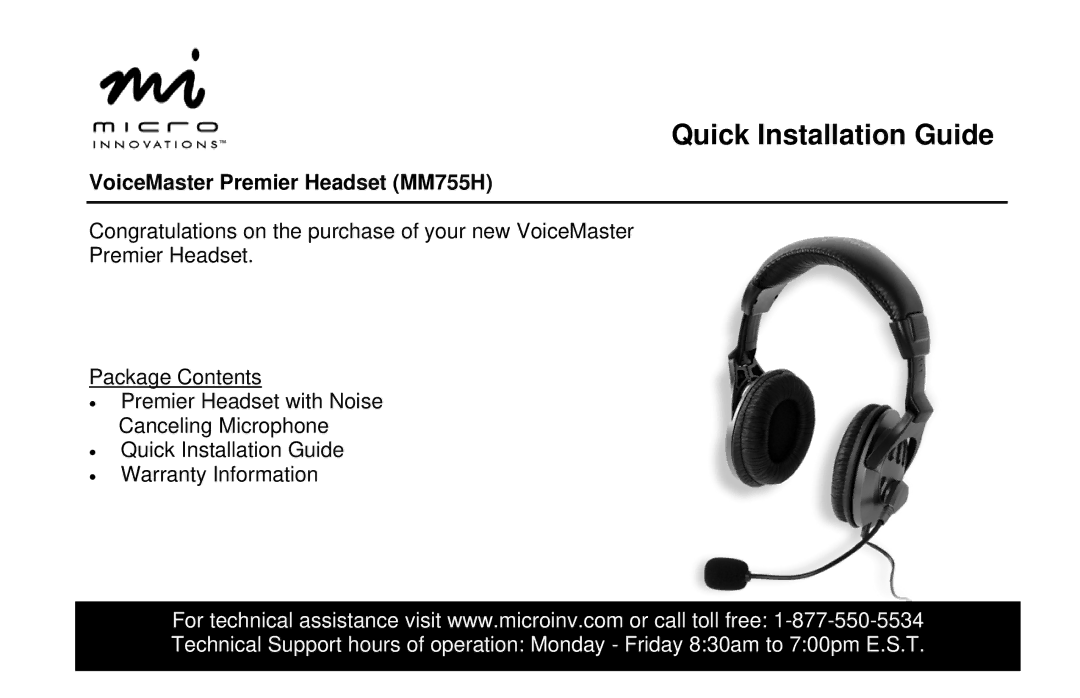 Micro Innovations MM 755H warranty Quick Installation Guide, VoiceMaster Premier Headset MM755H 