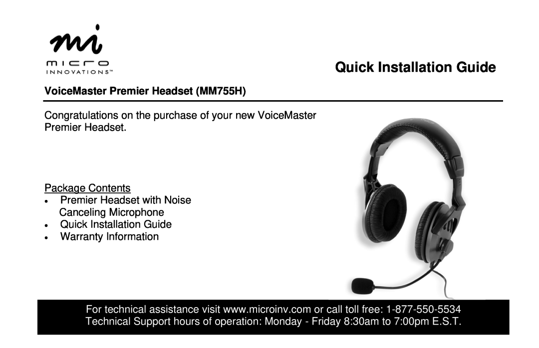 Micro Innovations MM 755H warranty Quick Installation Guide, VoiceMaster Premier Headset MM755H 