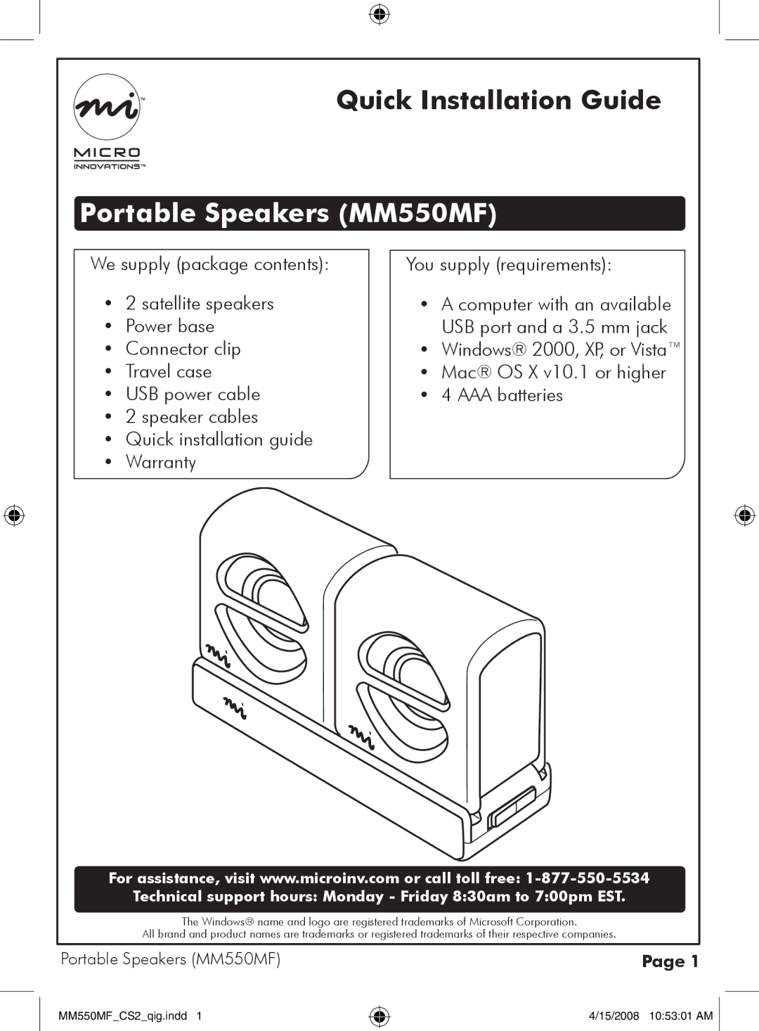 Micro Innovations warranty Portable Speakers MM550MF, Technical support hours Monday Friday 830am to 700pm EST 