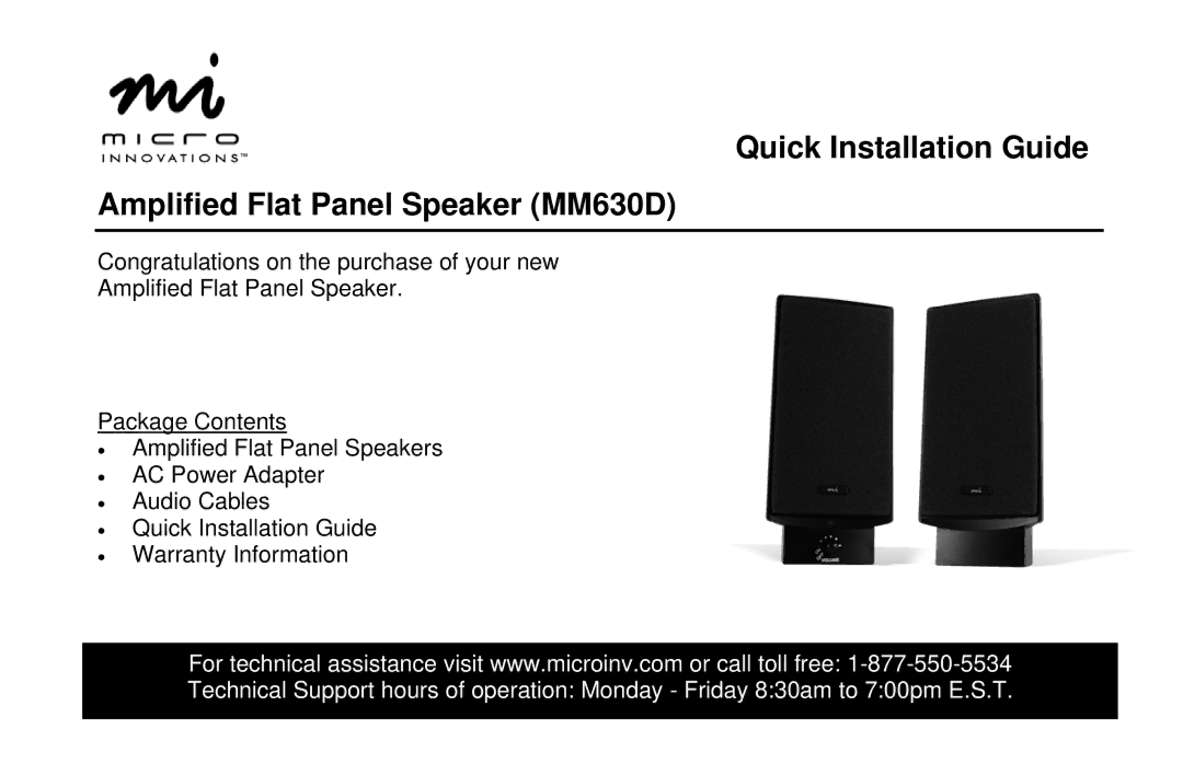 Micro Innovations warranty Quick Installation Guide Amplified Flat Panel Speaker MM630D 