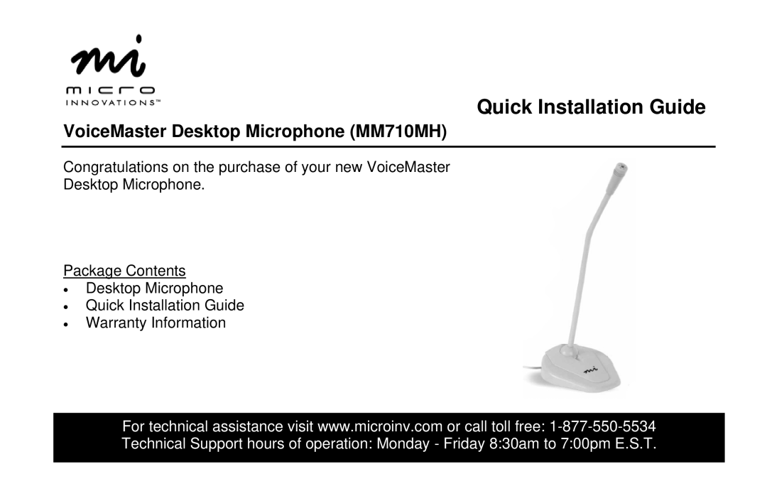 Micro Innovations warranty Quick Installation Guide, VoiceMaster Desktop Microphone MM710MH 