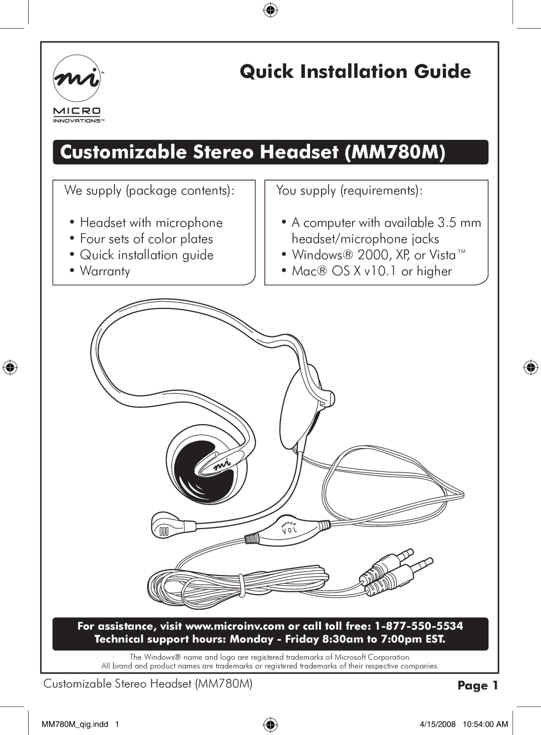 Micro Innovations warranty Customizable Stereo Headset MM780M, Computer with available 3.5 mm 