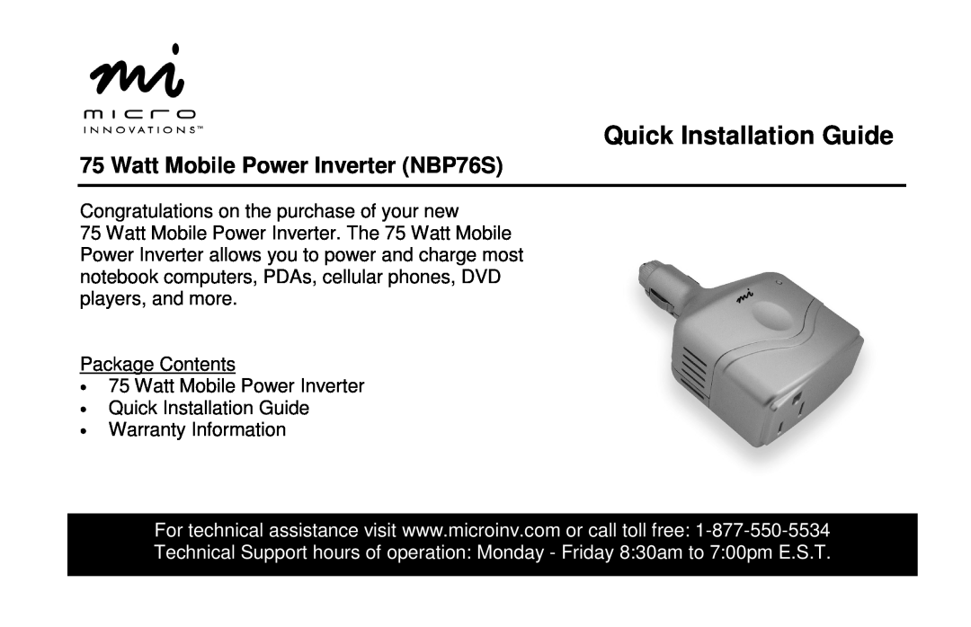 Micro Innovations warranty Quick Installation Guide, Watt Mobile Power Inverter NBP76S 