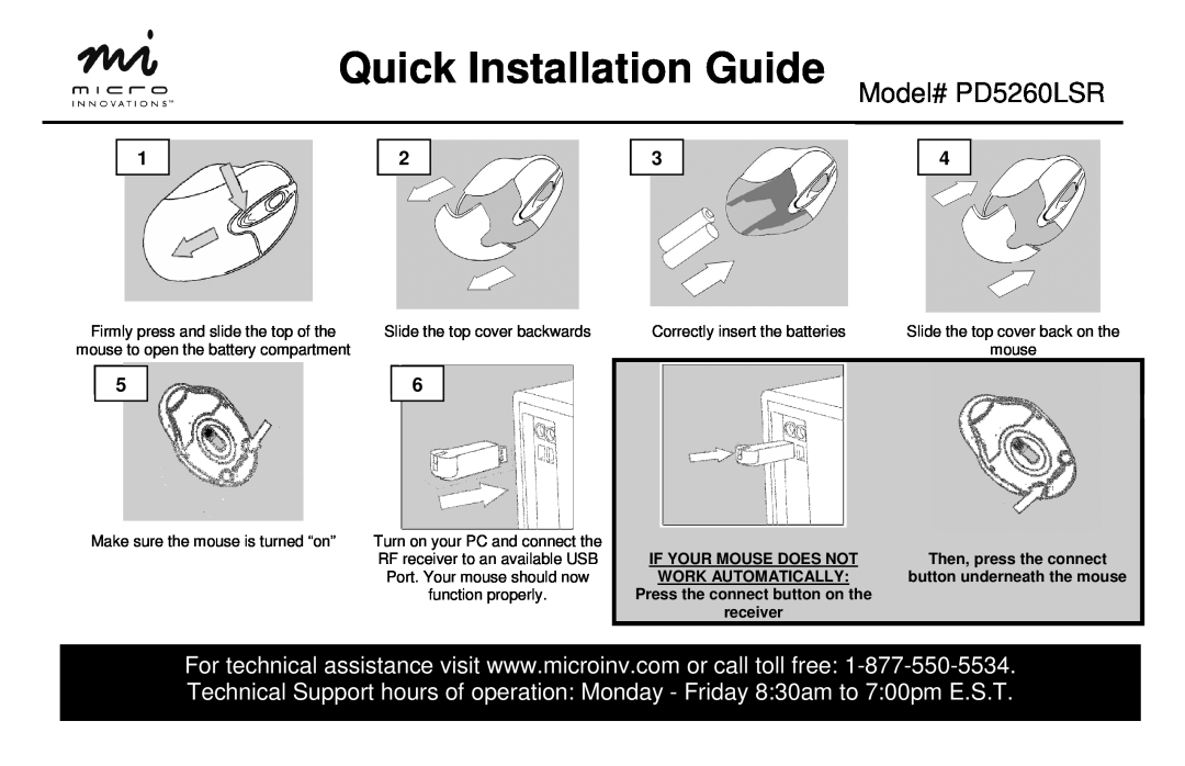 Micro Innovations manual Quick Installation Guide, Model# PD5260LSR, Slide the top cover backwards, mouse 