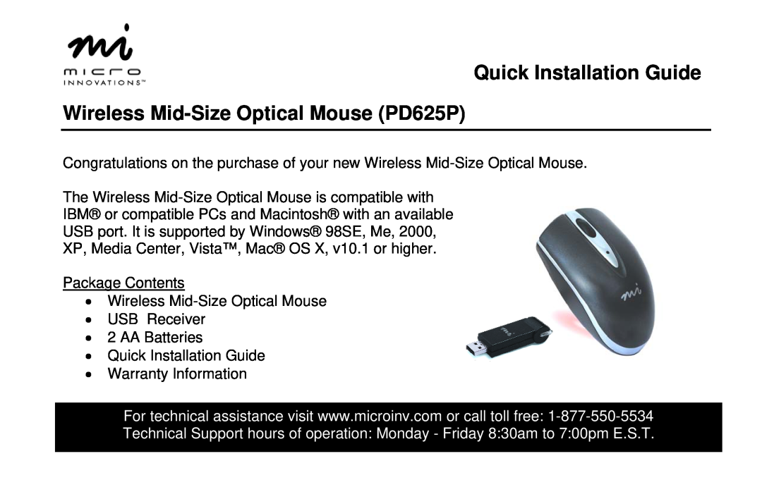 Micro Innovations warranty Quick Installation Guide Wireless Mid-Size Optical Mouse PD625P 