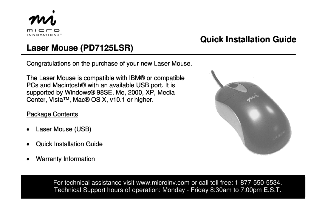 Micro Innovations warranty Quick Installation Guide Laser Mouse PD7125LSR 