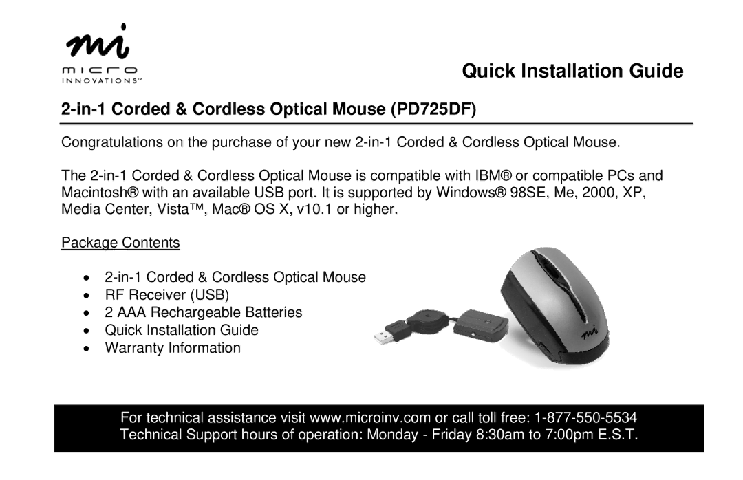 Micro Innovations warranty Quick Installation Guide, In-1 Corded & Cordless Optical Mouse PD725DF 