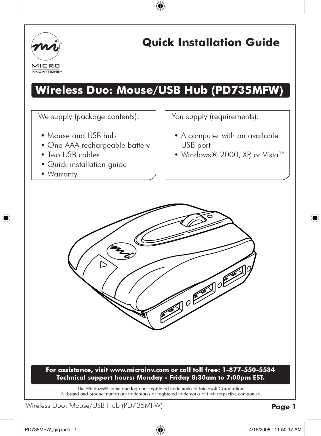 Micro Innovations warranty Wireless Duo Mouse/USB Hub PD735MFW, Quick installation guide Warranty 