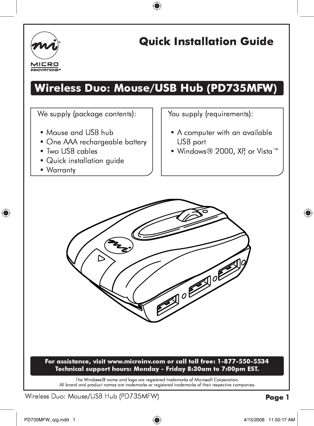 Micro Innovations warranty Quick Installation Guide, Wireless Duo Mouse/USB Hub PD735MFW, Windows 2000, XP, or Vista 