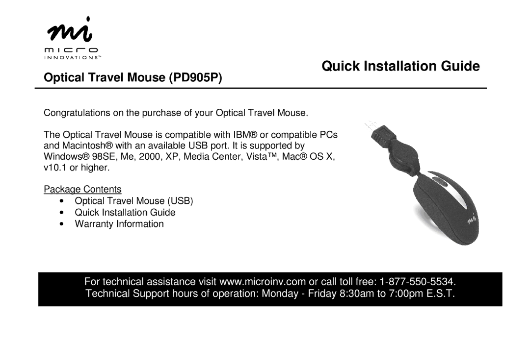 Micro Innovations warranty Quick Installation Guide, Optical Travel Mouse PD905P 