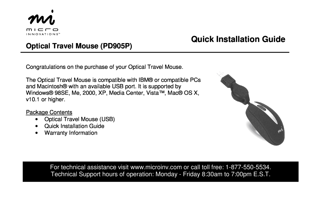 Micro Innovations warranty Quick Installation Guide, Optical Travel Mouse PD905P 