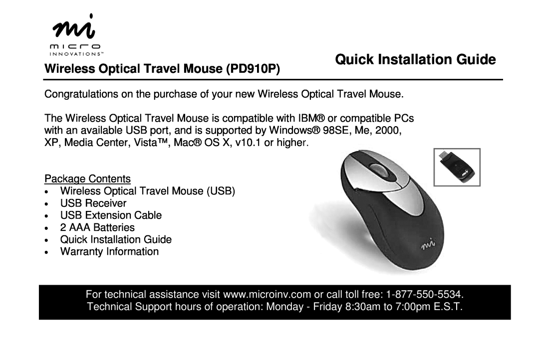 Micro Innovations warranty Quick Installation Guide, Wireless Optical Travel Mouse PD910P 