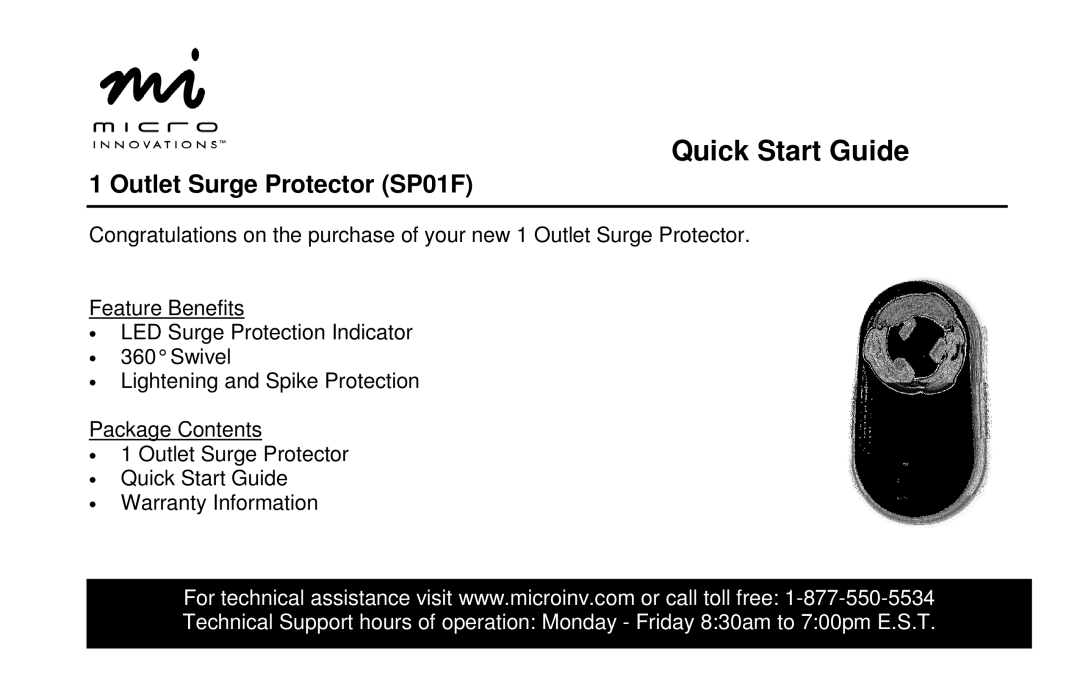 Micro Innovations quick start Quick Start Guide, Outlet Surge Protector SP01F 