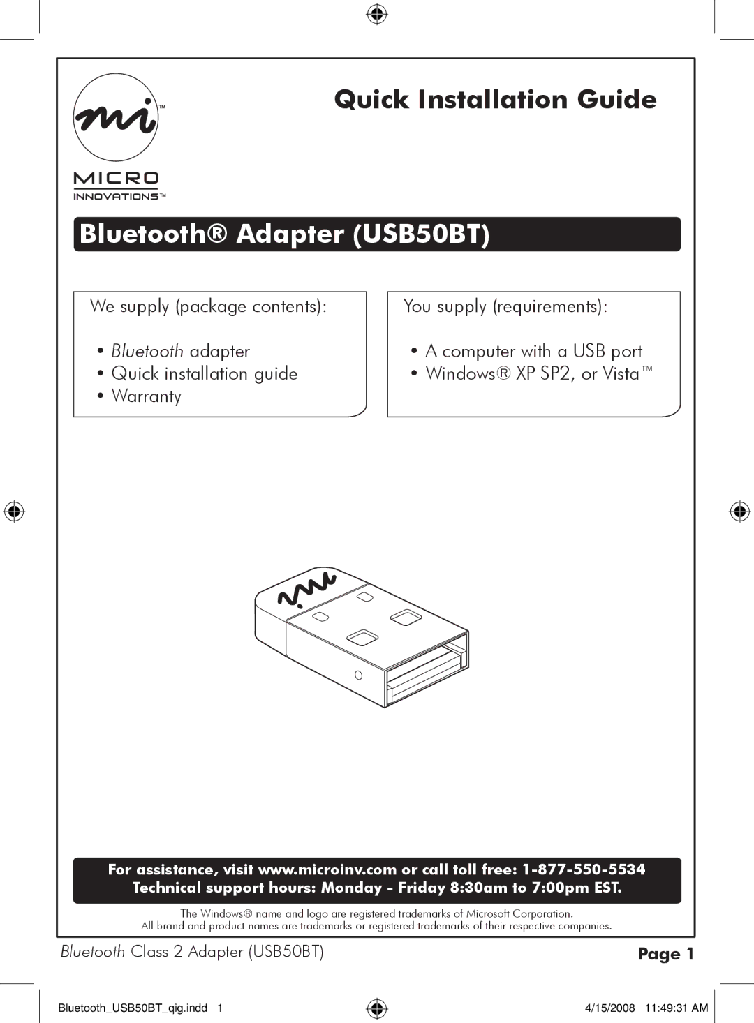 Micro Innovations warranty Bluetooth Adapter USB50BT, Bluetooth adapter 