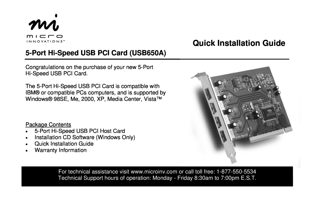 Micro Innovations warranty Quick Installation Guide, Port Hi-Speed USB PCI Card USB650A 