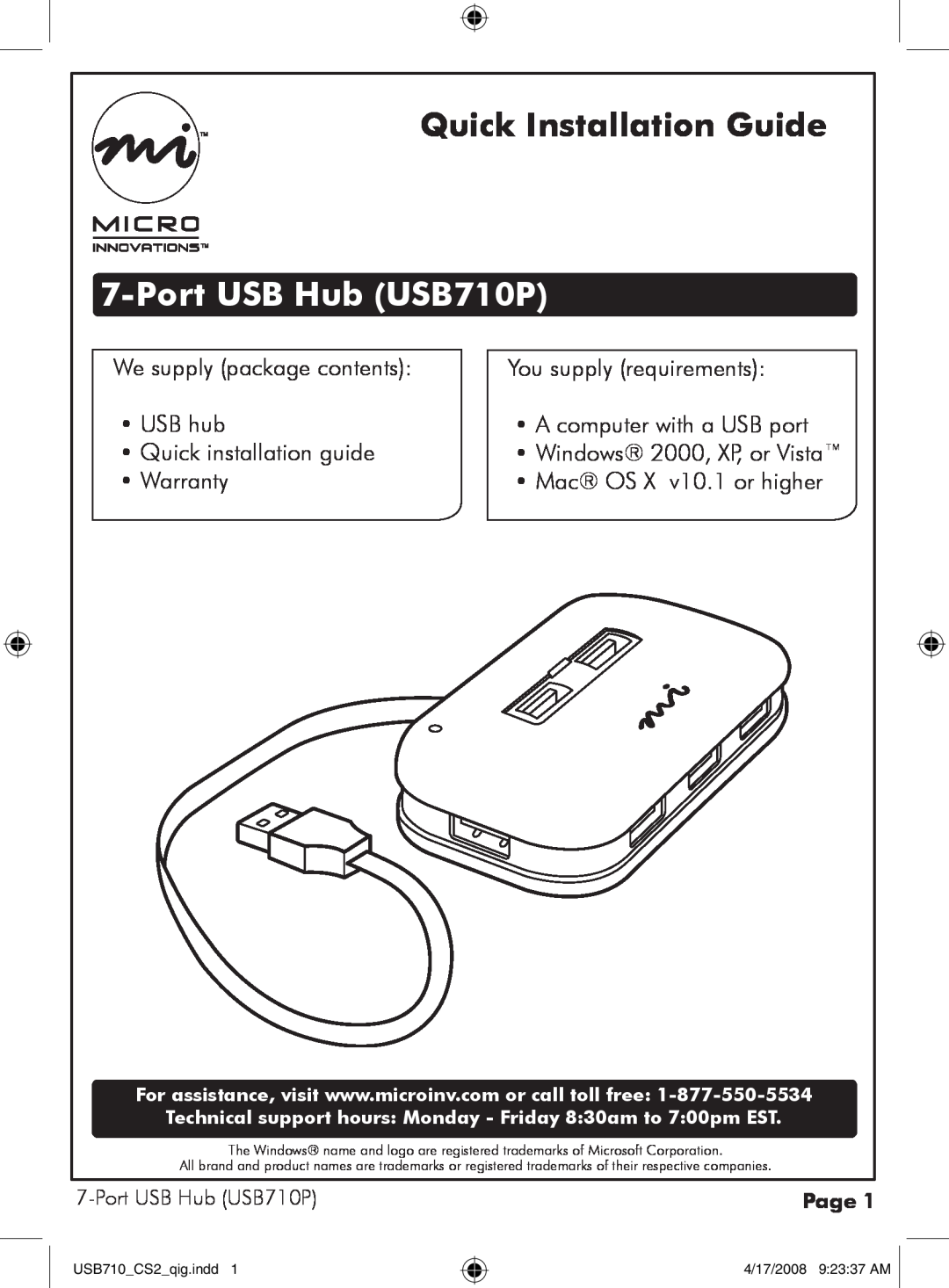 Micro Innovations warranty Quick Installation Guide, Port USB Hub USB710P, Windows 2000, XP, or Vista, Page 