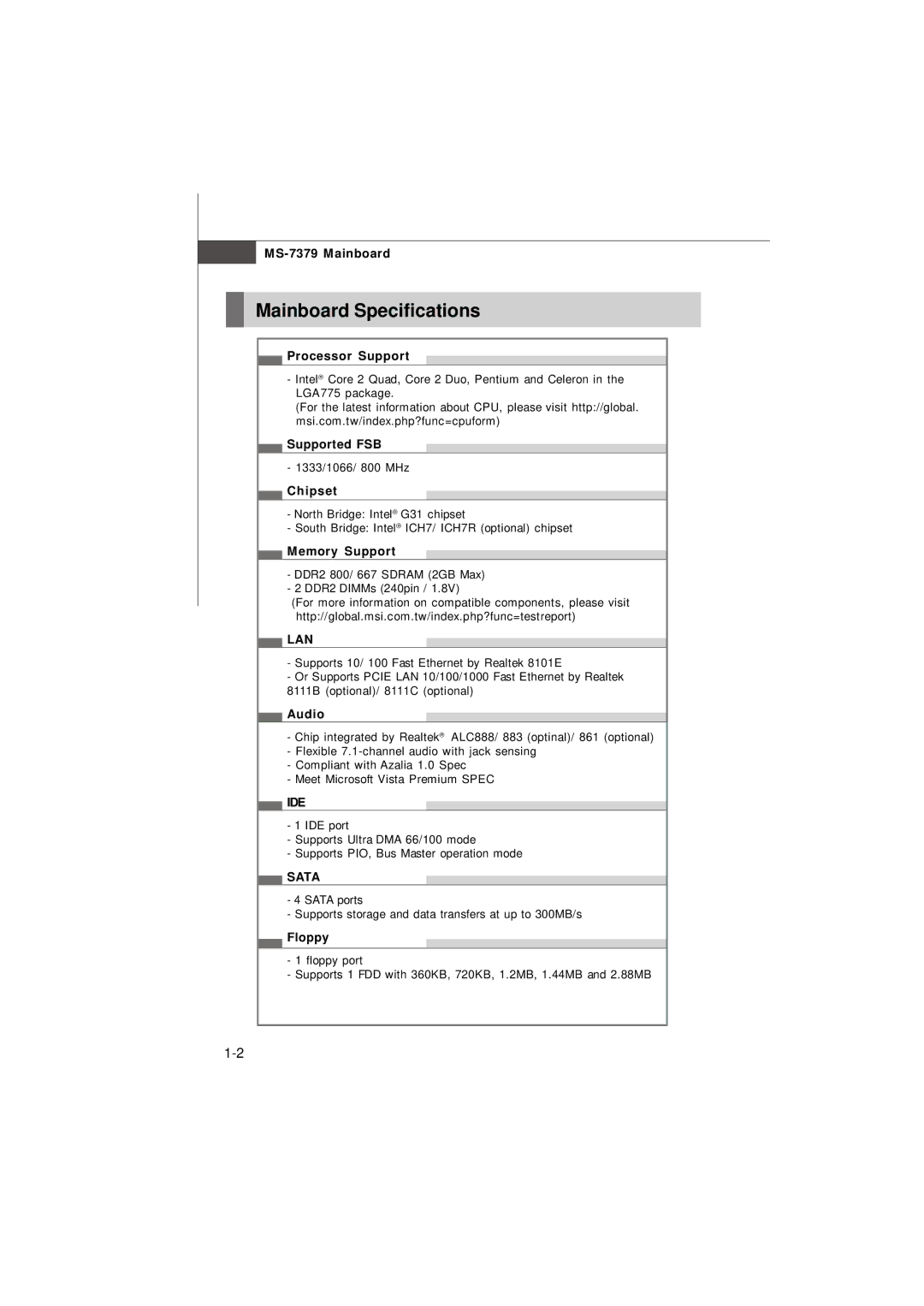 Micro Star  Computer G31M manual Mainboard Specifications, Lan, Ide, Sata 