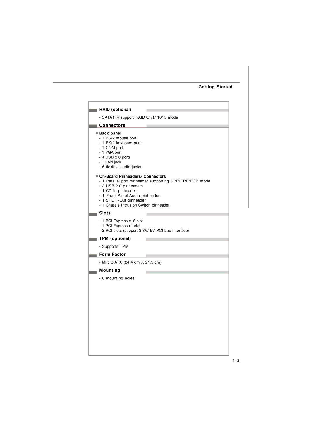 Micro Star  Computer G31M manual Getting Started RAID optional, Connectors, Slots, TPM optional, Form Factor, Mounting 