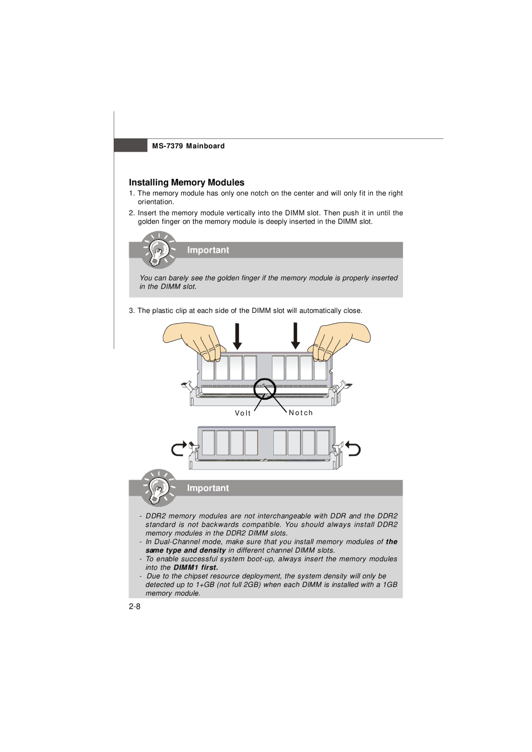 Micro Star  Computer G31M manual Installing Memory Modules, Volt Notch 