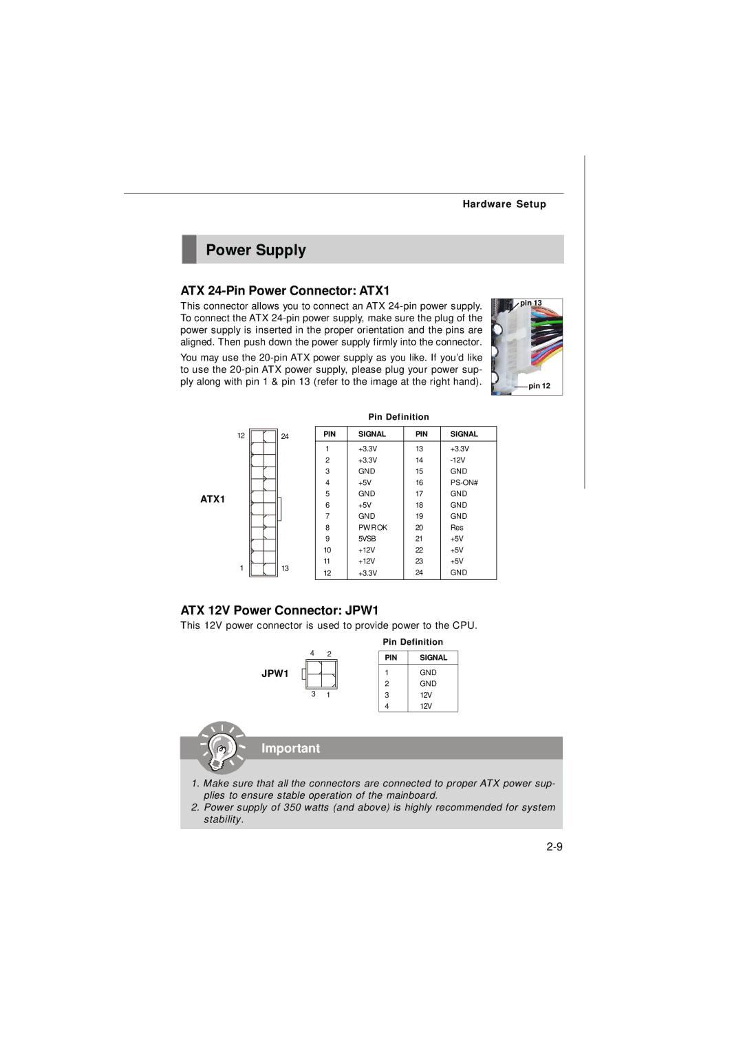 Micro Star  Computer G31M manual Power Supply, ATX 24-Pin Power Connector ATX1, ATX 12V Power Connector JPW1 