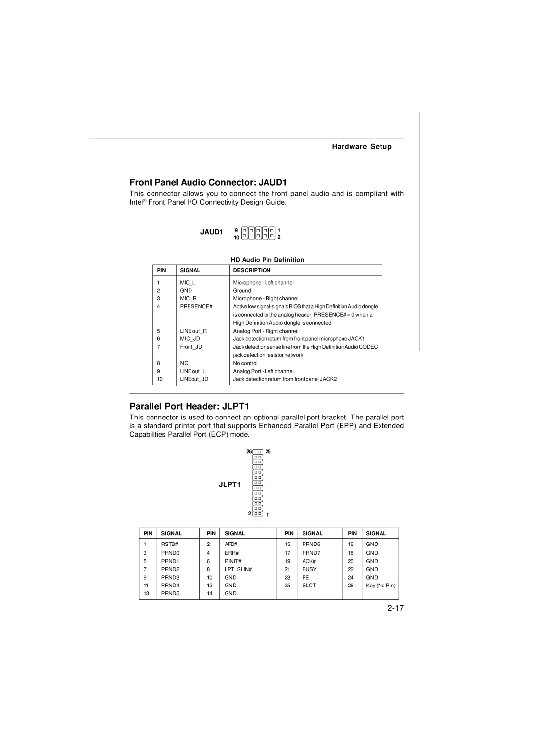 Micro Star  Computer G31M manual Front Panel Audio Connector JAUD1, Parallel Port Header JLPT1 