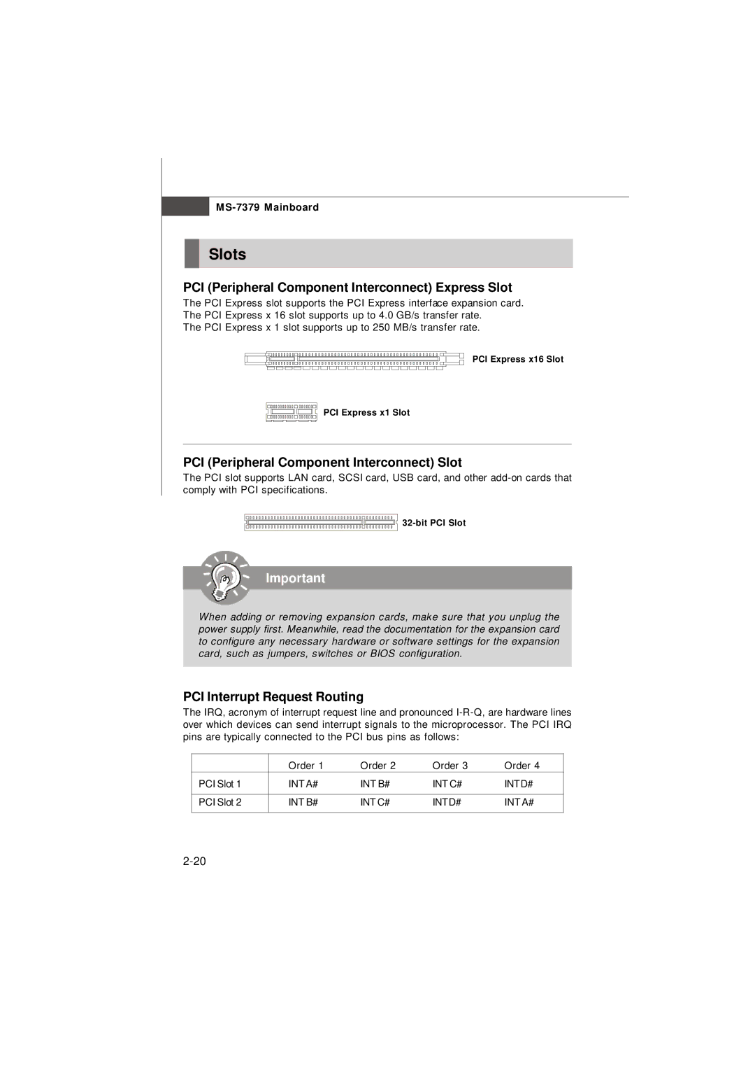 Micro Star  Computer G31M manual Slots, PCI Peripheral Component Interconnect Express Slot, PCI Interrupt Request Routing 