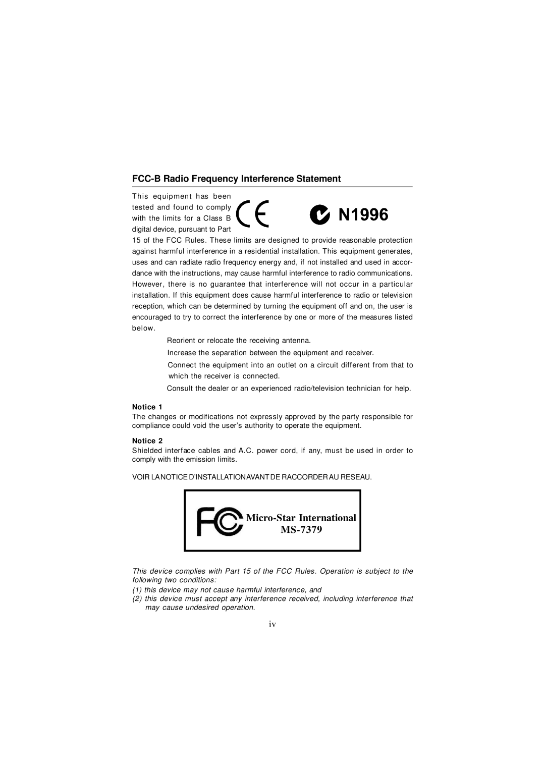 Micro Star  Computer G31M manual Micro-Star International MS-7379, FCC-B Radio Frequency Interference Statement 