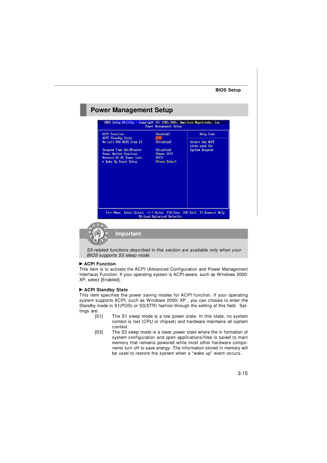 Micro Star  Computer G31M manual Power Management Setup, Acpi Function, Acpi Standby State 