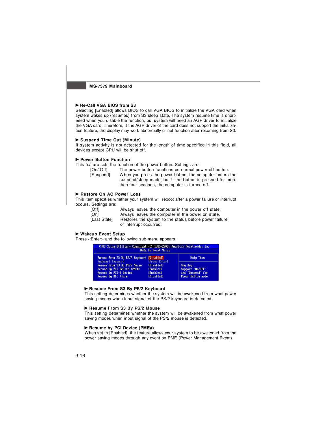 Micro Star  Computer G31M manual MS-7379 Mainboard Re-Call VGA Bios from S3, Suspend Time Out Minute, Power Button Function 