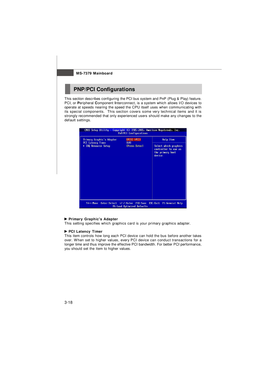 Micro Star  Computer G31M manual PNP/PCI Configurations, Primary Graphic’s Adapter, PCI Latency Timer 