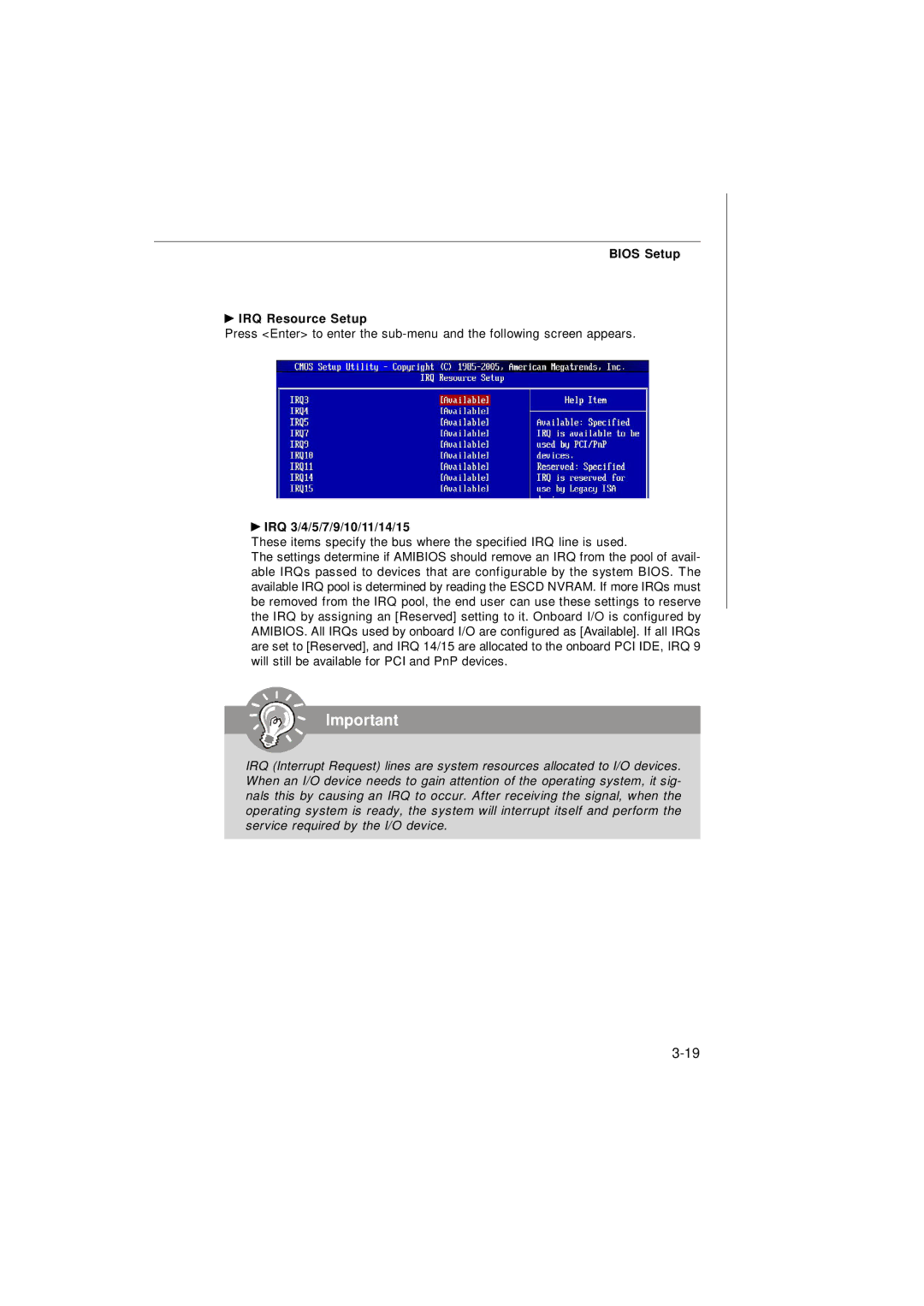 Micro Star  Computer G31M manual Bios Setup IRQ Resource Setup, IRQ 3/4/5/7/9/10/11/14/15 